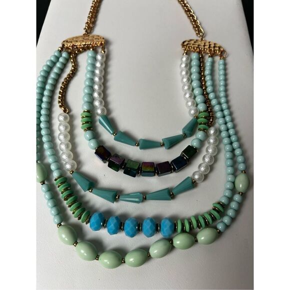 Turquose and faux pearl 5 layer statement necklace - Picture 11 of 13